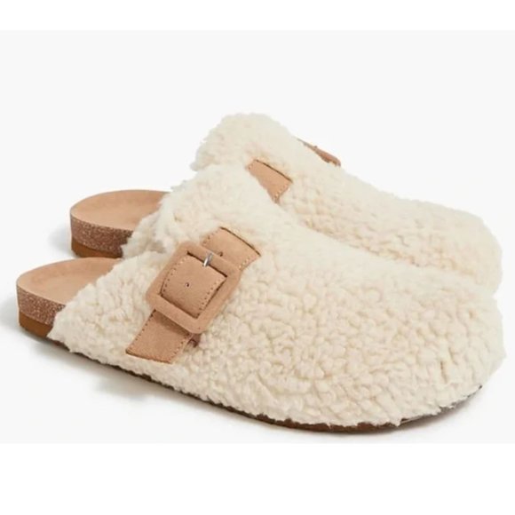 J. Crew Factory Shoes - J Crew Factory NWT Sherpa Buckle Clog Slippers Slides Dusty Ivory Size 7